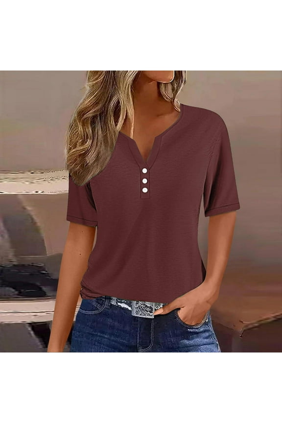 Women's Mid Sleeve Tops V Neck Solid Color Relaxed Casual Everyday Blouse