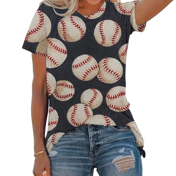 YHAJDS Women's Oversized T-shirts Baseball Print Short Sleeve Round Neck Loose Blouse