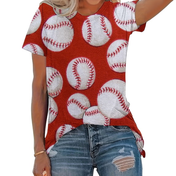 YHAJDS Women's Oversized T-shirts Baseball Print Short Sleeve Round Neck Loose Blouse