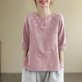 thumbnail image 1 of YHAJDS Women's Oversized T-shirts Round Neck Vintage Linen Embroidered Solid Color Casual, 1 of 5