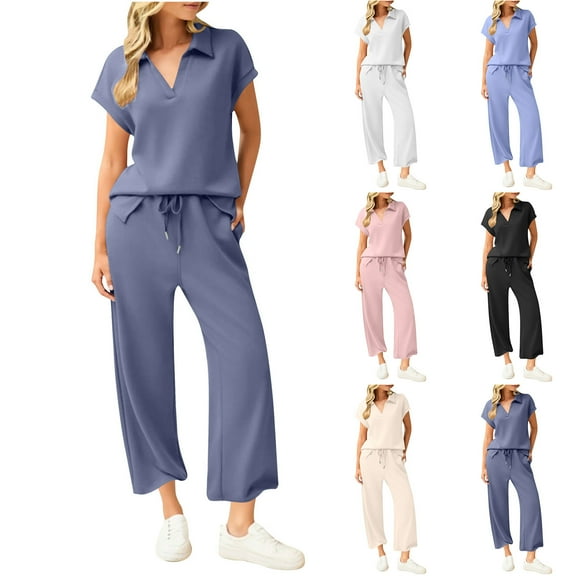YHAJDS Women's Pajama Sets Sleepwear Sets For Women Home Wear Solid Color V Neck Short Sleeve Top With Drawstring Elastic Waist Flare Pants Matching Loungewear Set