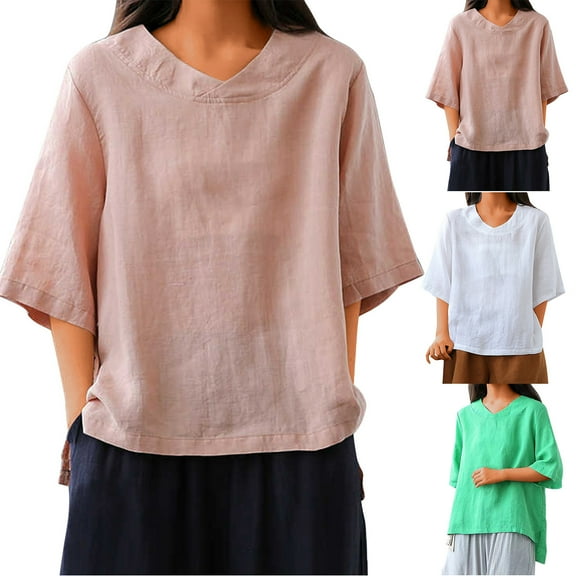 YHAJDS Women's Plus Size Tops Linen Solid Color Split V Neck Half Sleeve Blouse Spring Summer