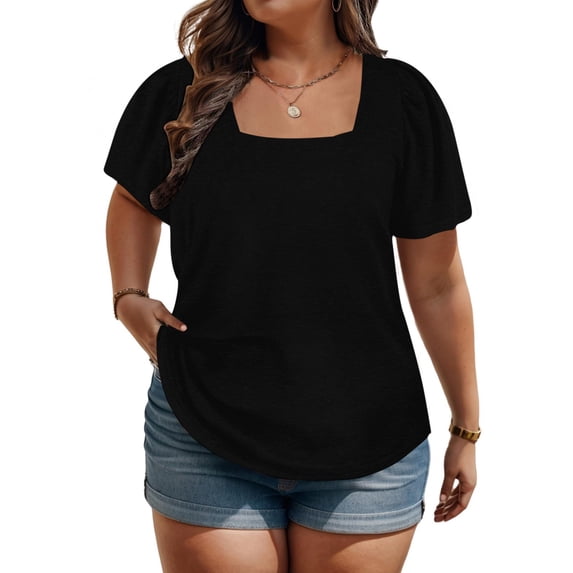 YHAJDS Women's Plus Size Tops Solid Color Neck Puff Sleeve Loose Casual Spring Summer Blouse