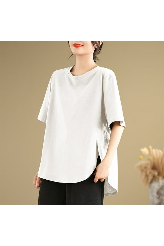 Women's Plus Size Tops Solid Color Round Neck Asymmetrical Hem Side Slit Casual Tee