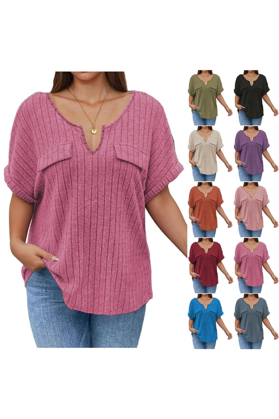 Women's Plus Size Tops Solid Color V Neck Ribbed Brushed Mock Pocket Short Sleeve Tee