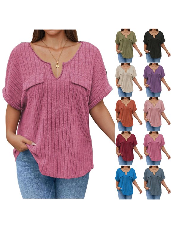Women's Plus Size Tops Solid Color V Neck Ribbed Brushed Mock Pocket Short Sleeve Tee
