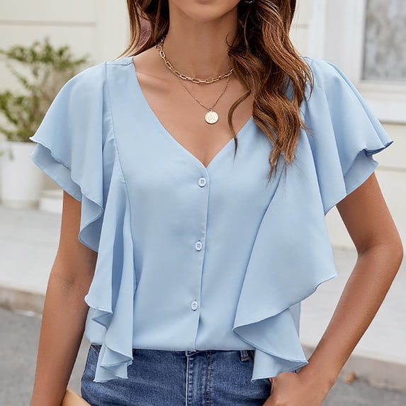 YHAJDS Women's Plus Size Tops Solid Color V Neck Ruffle Sleeve Button Front Blouse