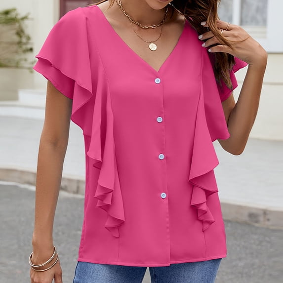 YHAJDS Women's Plus Size Tops Solid Color V Neck Ruffle Sleeve Button Front Blouse