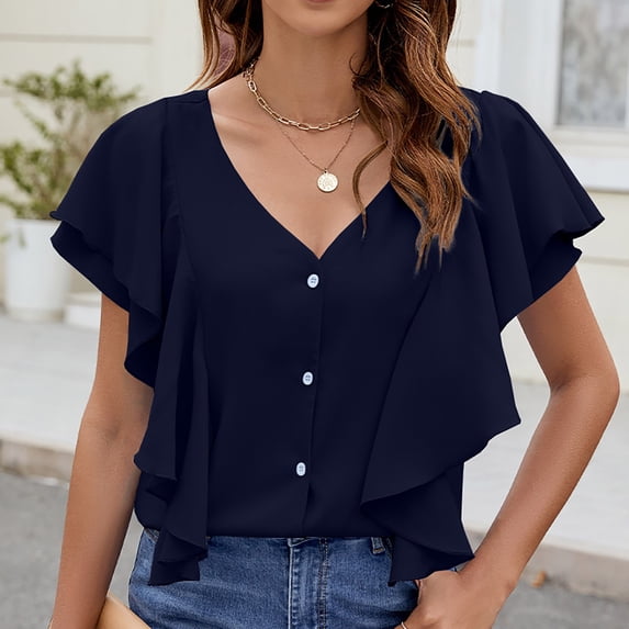 YHAJDS Women's Plus Size Tops Solid Color V Neck Ruffle Sleeve Button Front Blouse