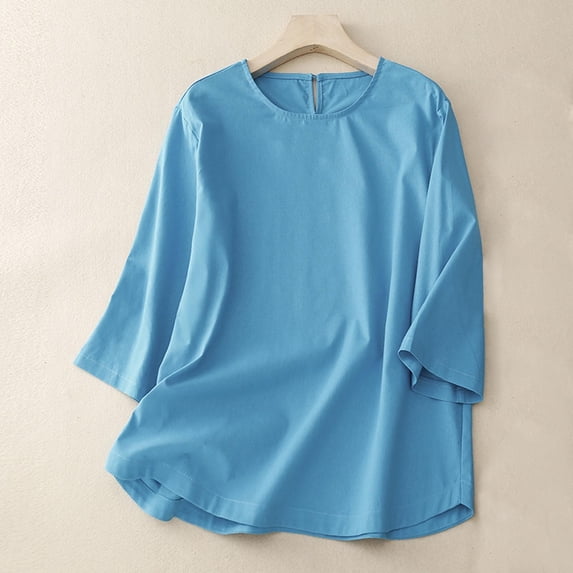 YHAJDS Women's Shirts Linen Round Neck Loose Casual Pullover Spring Summer Top