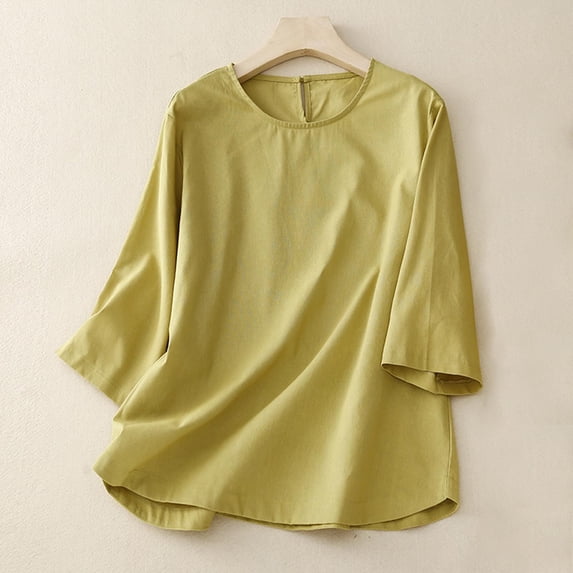 YHAJDS Women's Shirts Linen Round Neck Loose Casual Pullover Spring Summer Top