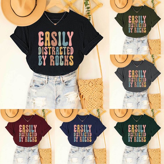 YHAJDS Women's Short Sleeve Tops Easily Distracted By Rocks Letter Print Round Neck Loose Tee