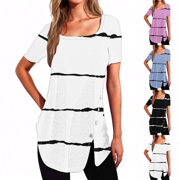 YHAJDS Women's Short Sleeve Tops Neck Button Front Slit Hem Print Casual Blouse