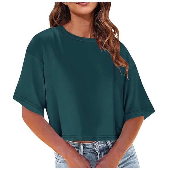 YHAJDS Women's Short Sleeve Tops Solid Color Crop Top Round Neck Casual Tee Spring Everyday Shirt