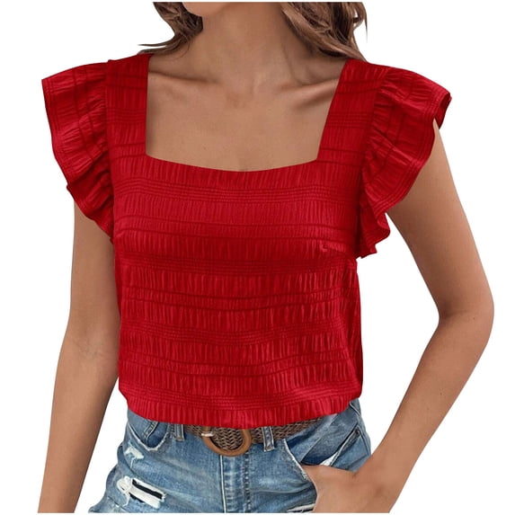 YHAJDS Women's Short Sleeve Tops Summer Tops Blouses Solid Color Neck Flounce Hem Blouse Elegant Casual Tunic Top