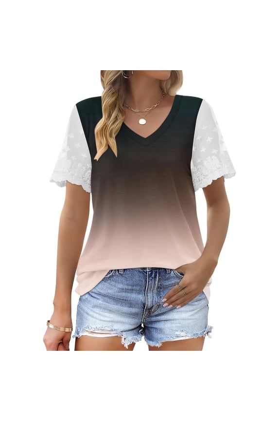 Women's Short Sleeve Tops V Neck Polka Mesh Sleeve Ruching Loose Tee