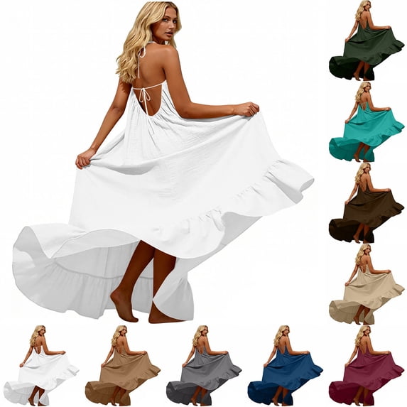 YHAJDS Women's Sleepshirts Linen Like Neck Ruffle Hem Adjustable Straps Loungewear Sleep Dress