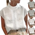 thumbnail image 1 of YHAJDS Women's Spring Tops Solid Color Mock Neck Linen Cotton Lace Trim Breathable Casual Tee, 1 of 7