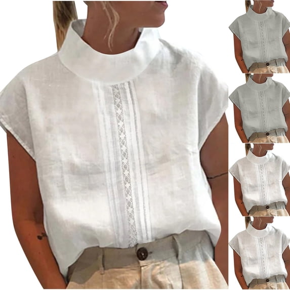 YHAJDS Women's Spring Tops Solid Color Mock Neck Linen Cotton Lace Trim Breathable Casual Tee