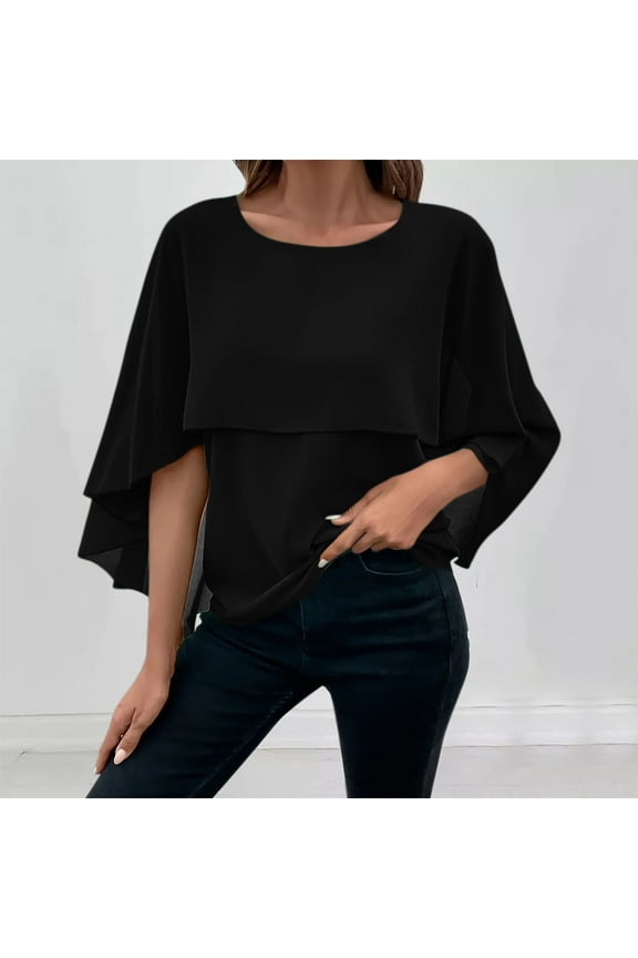 Women's Summer Tops Cape Sleeve Round Neck Solid Color Blouse