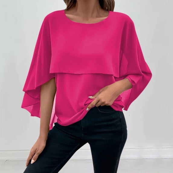 YHAJDS Women's Summer Tops Cape Sleeve Round Neck Solid Color Blouse