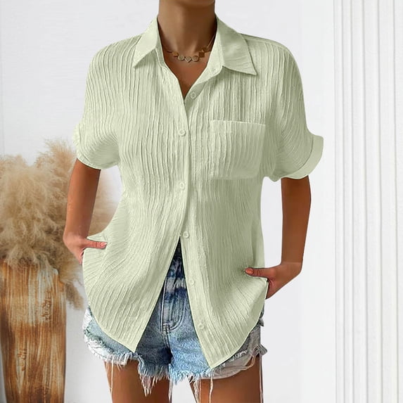 YHAJDS Women's Summer Tops Short Sleeve Collared Button Down Solid Color Loose Shirt