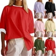 thumbnail image 1 of YHAJDS Women's Summer Tops Trendy Color Round Neck Slit Hem Loose Fit Casual T-Shirt, 1 of 5