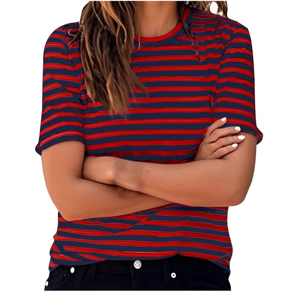 YHAJDS Women's Summer Tops Trendy Short Sleeve Crew Neck Stripe Casual Tee