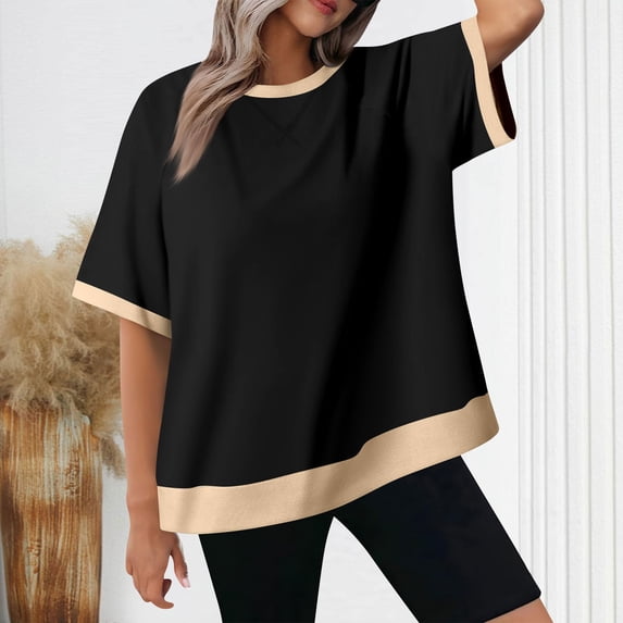 YHAJDS Women's Summer Tops Trendy Short Sleeve Ribbed Round Neck Loose Tee