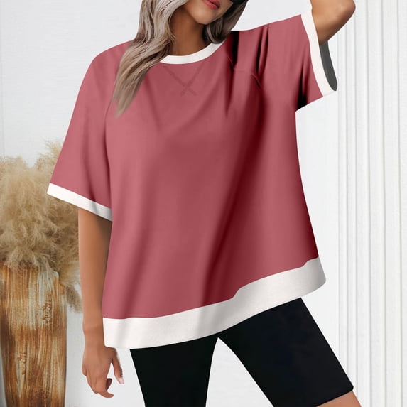 YHAJDS Women's Summer Tops Trendy Short Sleeve Ribbed Round Neck Loose Tee