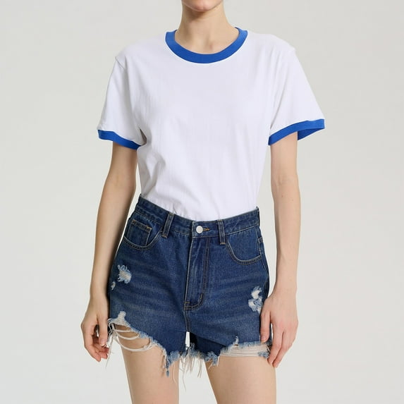 YHAJDS Women's T Shirts Cotton Color Contrast Round Neck Short Sleeve Loose Tee Spring Summer