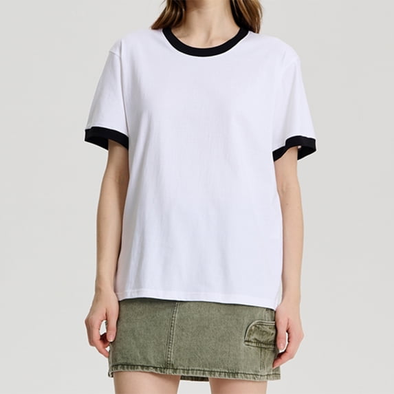YHAJDS Women's T Shirts Cotton Color Contrast Round Neck Short Sleeve Loose Tee Spring Summer