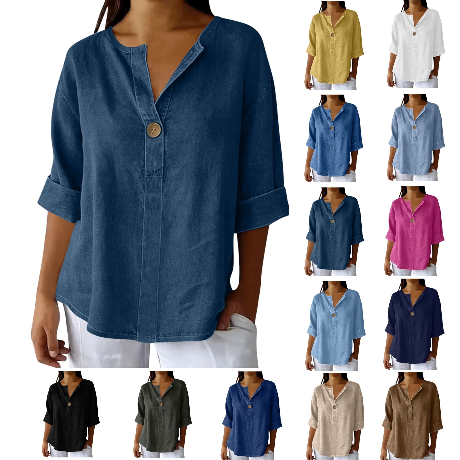 YHAJDS Women's T-Shirts Solid Color V Neck 3/4 Sleeve Relaxed Fit Casual Everyday Top