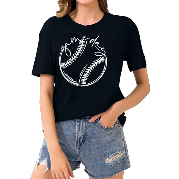 YHAJDS Women's T-shirts Baseball Print Short Sleeve Round Neck Casual Tee Sporty Top