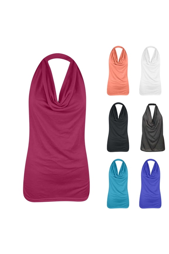 Women's Tank Tops Solid Color Halter Backless Sleeveless Mandarin Collar Casual Top