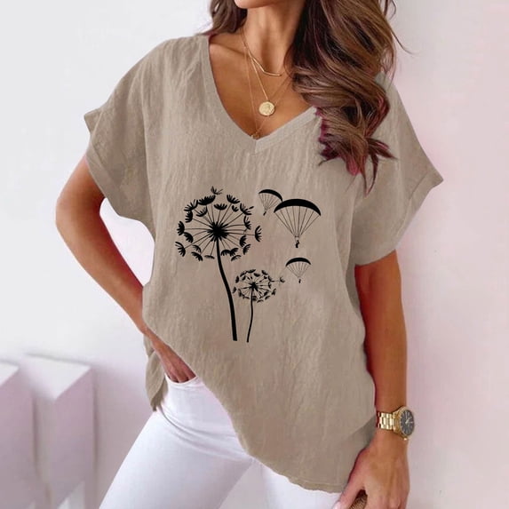 YHAJDS Women's Tops Short Sleeve Short Sleeve Shirts for Women V Neck Print Shirt Comfortable Casual Blouse Tee