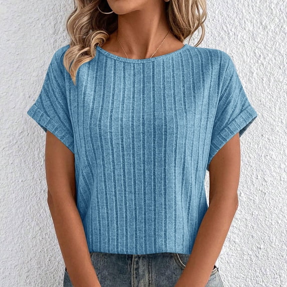 YHAJDS Women's Tops Short Sleeve Solid Color Round Neck Basic Tee Casual Spring Summer Shirt