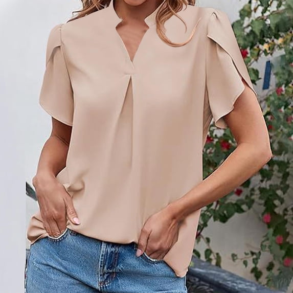 YHAJDS Women's V Neck Tops Short Sleeve Pullover Solid Color Casual Everyday Blouse