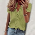 thumbnail image 1 of YHAJDS Women's V Neck Tops Short Sleeve Solid Color Button Down Casual Everyday Blouse, 1 of 5