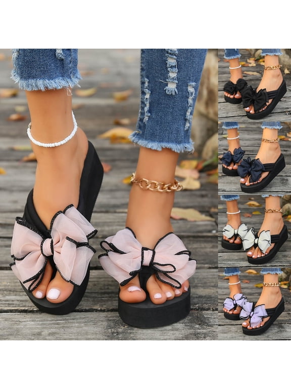 Women's Wedge Sandals Bow Embellishment Toe Post Roman Bohemian Beach Casual Wedge Slides