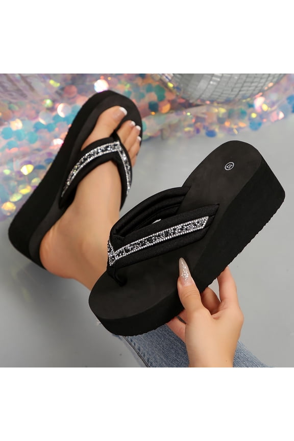 Women's Wedge Sandals Rhinestone Toe Post Roman Bohemian Beach Casual Wedge Flip Flops Summer