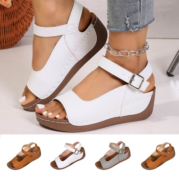 YHAJDS Women's Wedge Sandals Stitch Detail Ankle Strap Comfort Beach Slides for Casual Walking Woman Shoes