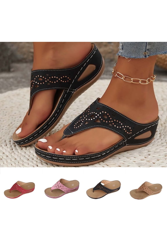 Women's Wedge Sandals Toe Loop Rhinestone Embellishment Thick Wedge Beach Flip Flops Summer Vacation Pool