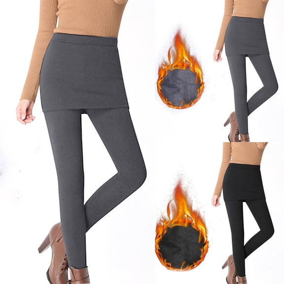 YHAJDS Women's Winter Trousers,Long Pants for Women Thermal Pants for Women Solid Color Faux Piece Thick Fleece Lined Pants with Skirt Elastic Waist Warm Legging Skirt Fall Winter Cold Weather Wear