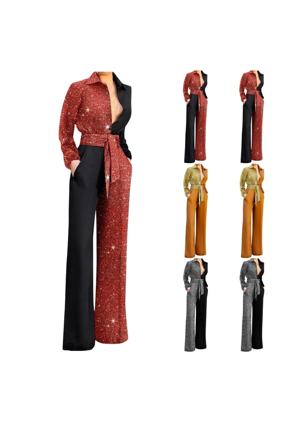 Women's Winter Trousers,Pants for Women Casual Pants for Women Pants Women Solid Color Lapel Long Sleeve Patchwork Jumpsuit with Pockets Full Length Overalls