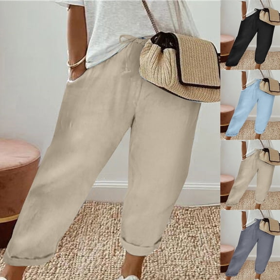 YHAJDS Women's Winter Trousers,Pants for Women Solid Color Drawstring Linen Pants with Pockets Comfortable Leisure Long Pants