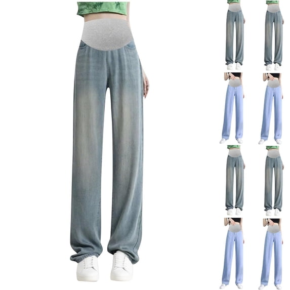 YHAJDS Maternity Wide Leg Jeans Solid Color Loose Straight Leg Denim Over The Belly Full Length Pregnancy Trousers