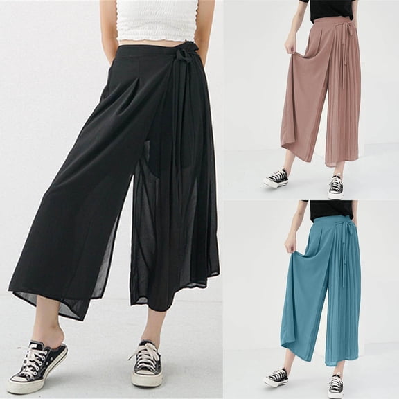 YHAJDS Women's Winter Trousers,Wide Leg Pants Woman Comfortable Pants for Women Pants Women Plus Size Chiffon Pleated Solid Color Skirt Pants Loose Leisure Full Length Pants High Waist