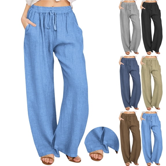 YHAJDS Women's Winter Trousers,Wide Leg Pants Woman Comfortable Pants for Women Solid Color Linen Drawstring Pants Split Hem Loose Full Length Casual Trousers