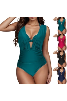 Womens 2 Piece Swimsuit Underwire V Neck Sleeveless Solid Color Waist Defining Set